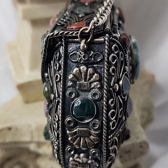Vintage Statement Sajai Metal Purse With Natural Agate Stones & Chain Strap